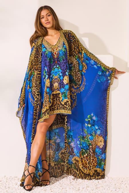 Buy_Zariaah_Blue Viscose Crystals V-neck Leopardess Kaftan And Cape Set _Online_at_Aza_Fashions