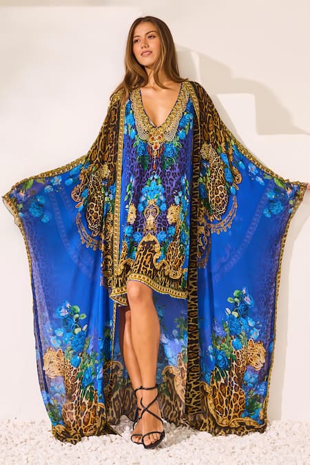 Zariaah Blue Leopardess Kaftan & Cape Set 