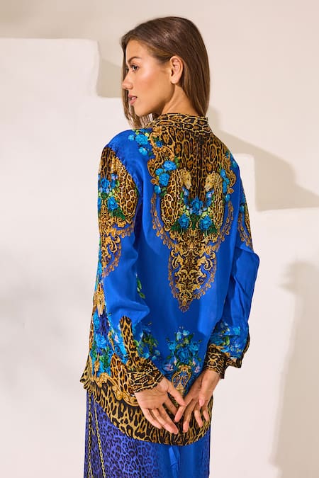 Zariaah Blue Leopard Print Button-Down Shirt 