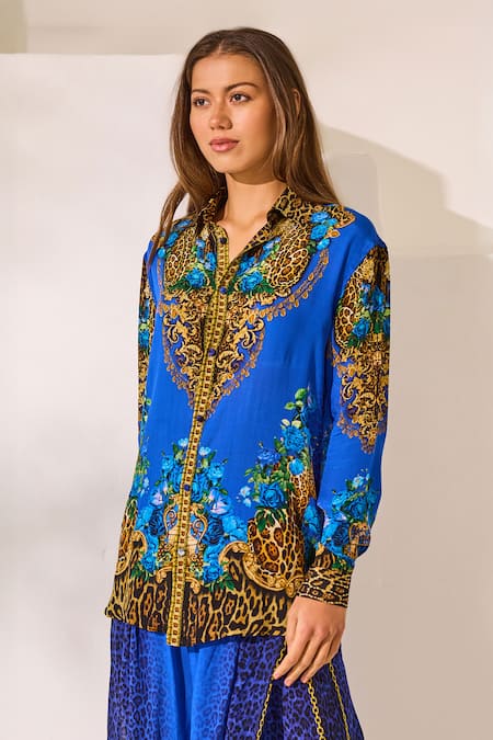 Zariaah_Blue Viscose, Silk Crystals Button-down Neck Leopard Print Shirt _Online_at_Aza_Fashions