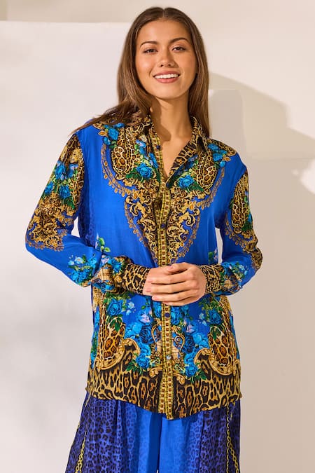 Zariaah Blue Leopard Print Button-Down Shirt 