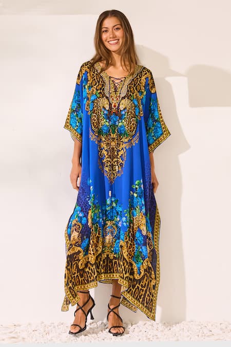 Zariaah_Blue Viscose, Silk Crystals V-neck Leopard Print Kaftan _Online_at_Aza_Fashions