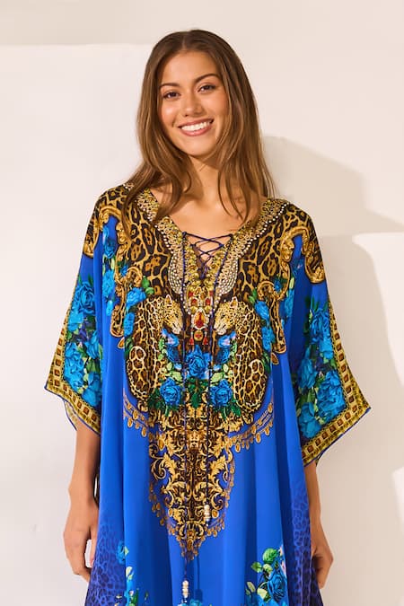 Buy_Zariaah_Blue Viscose, Silk Crystals V-neck Leopard Print Kaftan _Online_at_Aza_Fashions