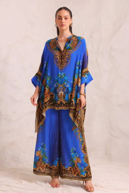 Zariaah_Blue Viscose, Silk Crystals Split V-neck Leopard Print Kaftan And Trousers Set _Online_at_Aza_Fashions