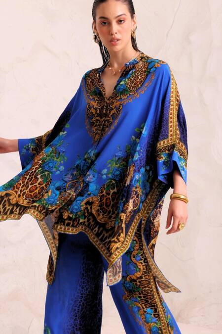 Buy_Zariaah_Blue Viscose, Silk Crystals Split V-neck Leopard Print Kaftan And Trousers Set _Online_at_Aza_Fashions