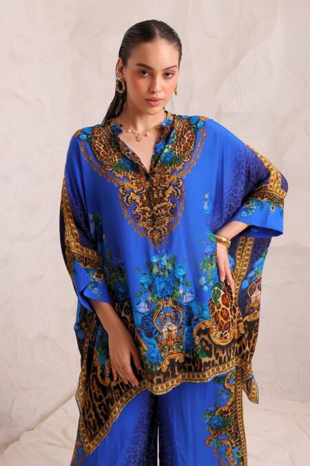 Shop_Zariaah_Blue Viscose, Silk Crystals Split V-neck Leopard Print Kaftan And Trousers Set _Online_at_Aza_Fashions