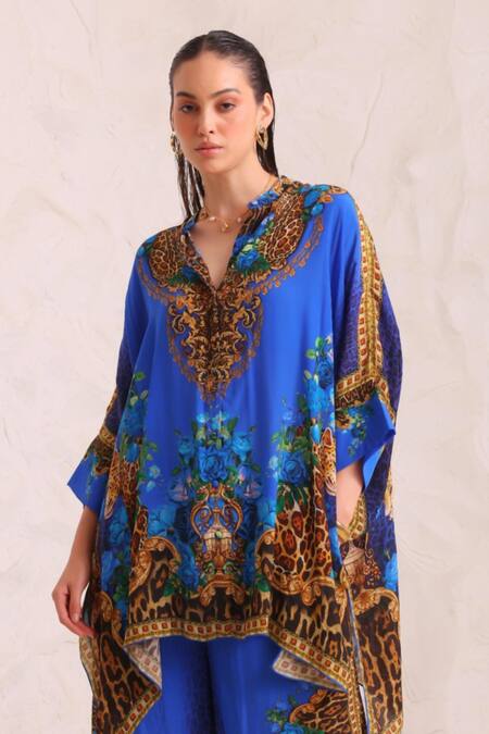 Zariaah_Blue Viscose, Silk Crystals Split V-neck Leopard Print Kaftan And Trousers Set _at_Aza_Fashions