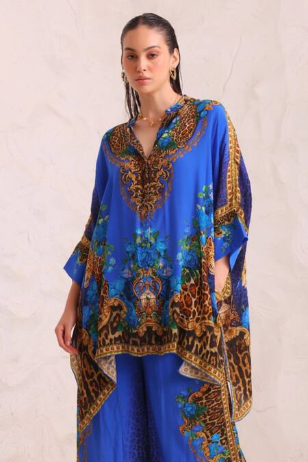 Zariaah_Blue Viscose, Silk Crystals Split V-neck Leopardess Kaftan Top _Online_at_Aza_Fashions