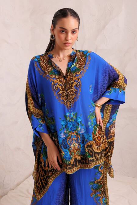 Buy_Zariaah_Blue Viscose, Silk Crystals Split V-neck Leopardess Kaftan Top _Online_at_Aza_Fashions