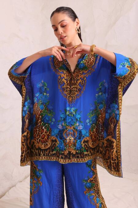 Shop_Zariaah_Blue Viscose, Silk Crystals Split V-neck Leopardess Kaftan Top _Online_at_Aza_Fashions