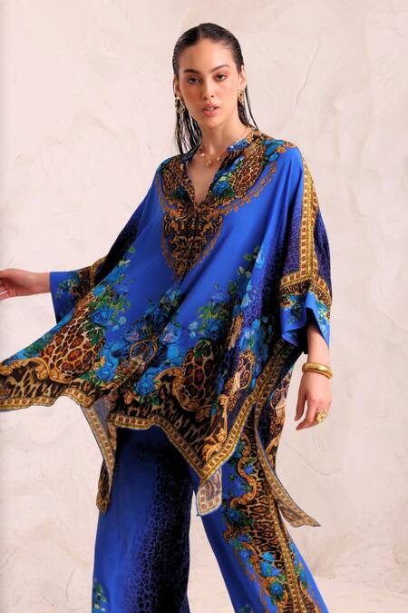 Zariaah_Blue Viscose, Silk Crystals Split V-neck Leopardess Kaftan Top _at_Aza_Fashions