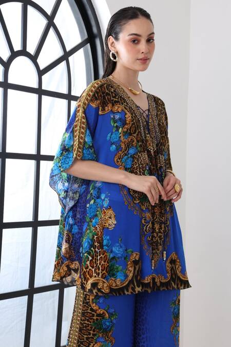 Zariaah_Blue Viscose, Silk Crystals V-neck Leopardess Butterfly Top _Online_at_Aza_Fashions