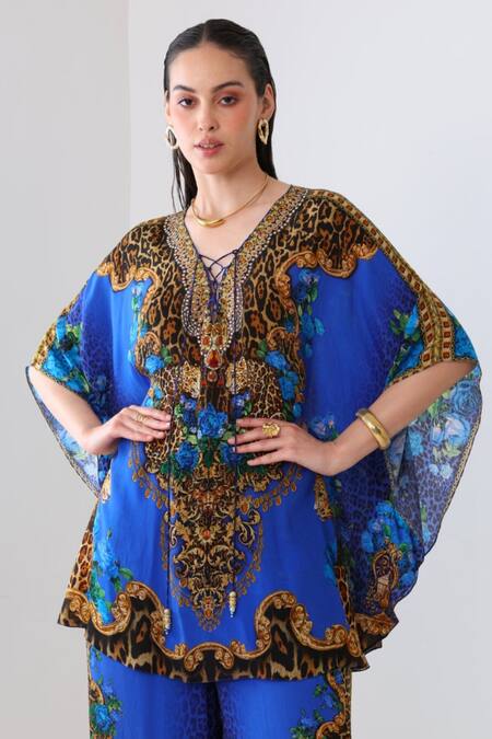 Buy_Zariaah_Blue Viscose, Silk Crystals V-neck Leopardess Butterfly Top _Online_at_Aza_Fashions