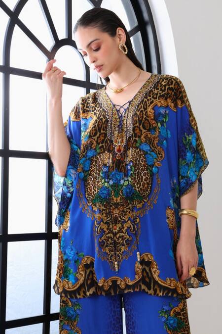 Shop_Zariaah_Blue Viscose, Silk Crystals V-neck Leopardess Butterfly Top _Online_at_Aza_Fashions