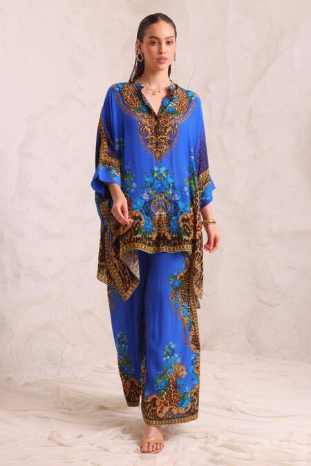 Zariaah_Blue Viscose, Silk Crystals Leopardess Trousers _Online_at_Aza_Fashions