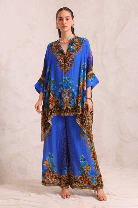 Buy_Zariaah_Blue Viscose, Silk Crystals Leopardess Trousers _Online_at_Aza_Fashions