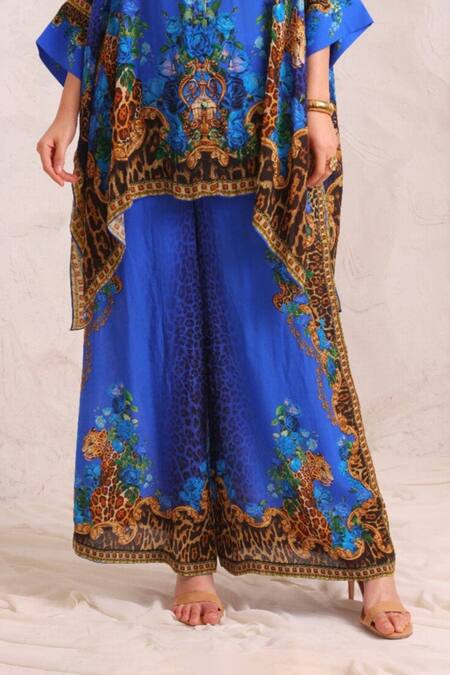 Shop_Zariaah_Blue Viscose, Silk Crystals Leopardess Trousers _Online_at_Aza_Fashions