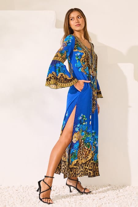 Zariaah Blue Viscose, Silk Crystals V-neck Leopardess Maxi Dress Online at Aza Fashions Zariaah_Blue Viscose, Silk Crystals V-neck Leopardess Maxi Dress _Online_at_Aza_Fashions
