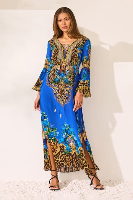 Buy Zariaah Blue Viscose, Silk Crystals V-neck Leopardess Maxi Dress Online at Aza Fashions Buy_Zariaah_Blue Viscose, Silk Crystals V-neck Leopardess Maxi Dress _Online_at_Aza_Fashions