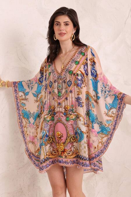 Zariaah_Pink Viscose, Silk Crystals V-neck Peacock Paradise Kaftan Dress _Online_at_Aza_Fashions