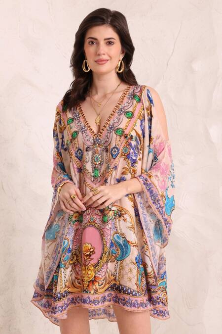 Buy_Zariaah_Pink Viscose, Silk Crystals V-neck Peacock Paradise Kaftan Dress _Online_at_Aza_Fashions