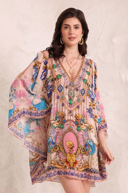 Shop_Zariaah_Pink Viscose, Silk Crystals V-neck Peacock Paradise Kaftan Dress _Online_at_Aza_Fashions