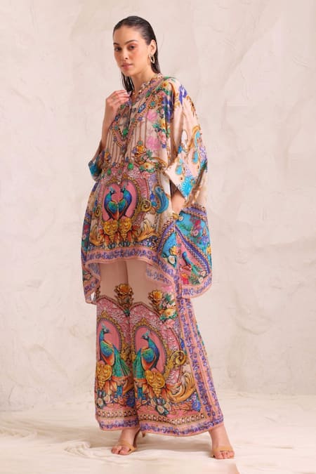 Zariaah_Pink Viscose, Silk Crystals Button-down Neck Peacock Dreams Kaftan Top _Online_at_Aza_Fashions