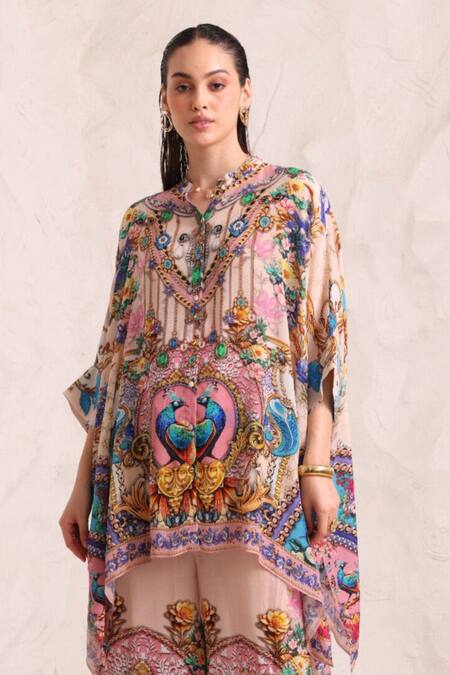 Buy_Zariaah_Pink Viscose, Silk Crystals Button-down Neck Peacock Dreams Kaftan Top _Online_at_Aza_Fashions