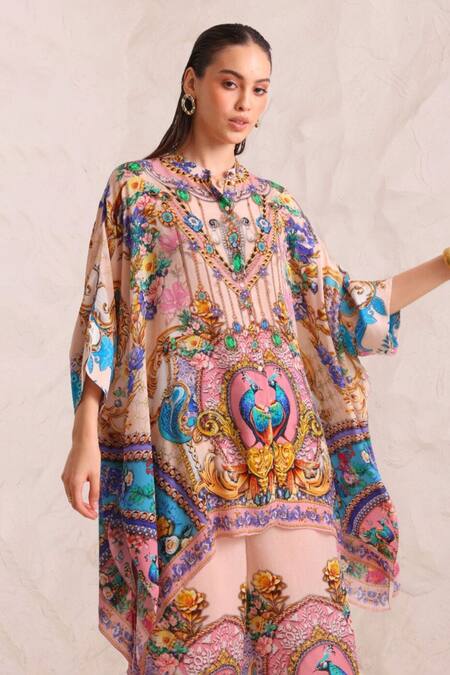 Shop_Zariaah_Pink Viscose, Silk Crystals Button-down Neck Peacock Dreams Kaftan Top _Online_at_Aza_Fashions