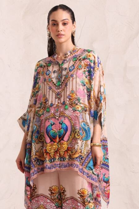 Zariaah_Pink Viscose, Silk Crystals Collared Peacock Print Kaftan Set _Online_at_Aza_Fashions