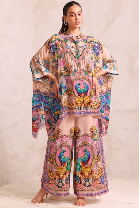 Zariaah Pink Peacock Print Kaftan Set 