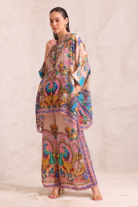 Buy_Zariaah_Pink Viscose, Silk Crystals Collared Peacock Print Kaftan Set _Online_at_Aza_Fashions