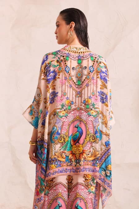 Zariaah Pink Peacock Print Kaftan Set 