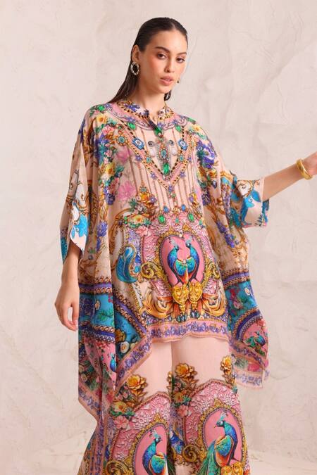 Zariaah_Pink Viscose, Silk Crystals Collared Peacock Print Kaftan Set _at_Aza_Fashions