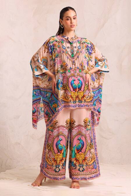 Shop_Zariaah_Pink Viscose, Silk Crystals Collared Peacock Print Kaftan Set 