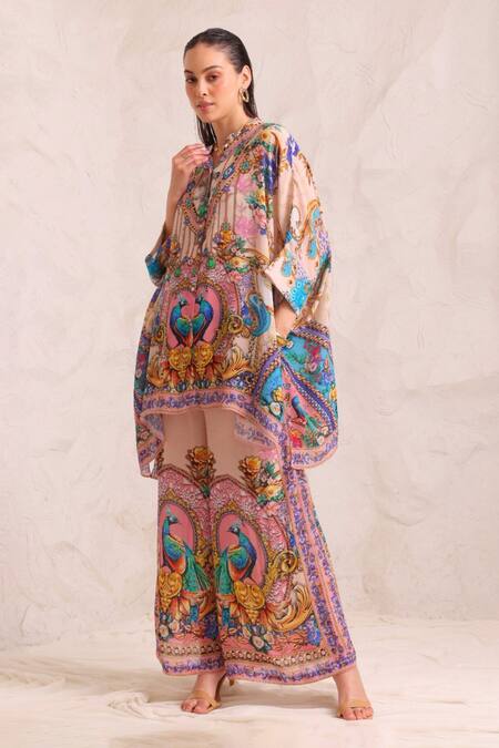 Zariaah_Pink Viscose, Silk Crystals Peacock Dreams Hand Embellished Trousers _Online_at_Aza_Fashions