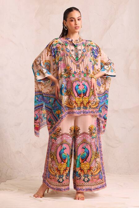 Buy_Zariaah_Pink Viscose, Silk Crystals Peacock Dreams Hand Embellished Trousers _Online_at_Aza_Fashions