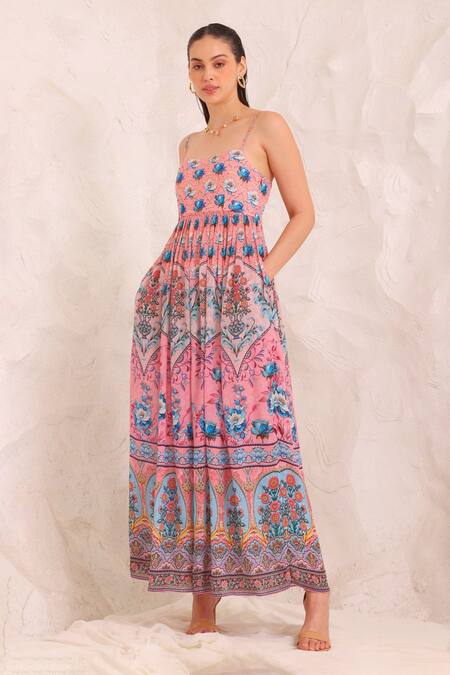 Zariaah_Pink Viscose, Silk Crystals Open Neck Peacock Dreams Midi Dress _Online_at_Aza_Fashions