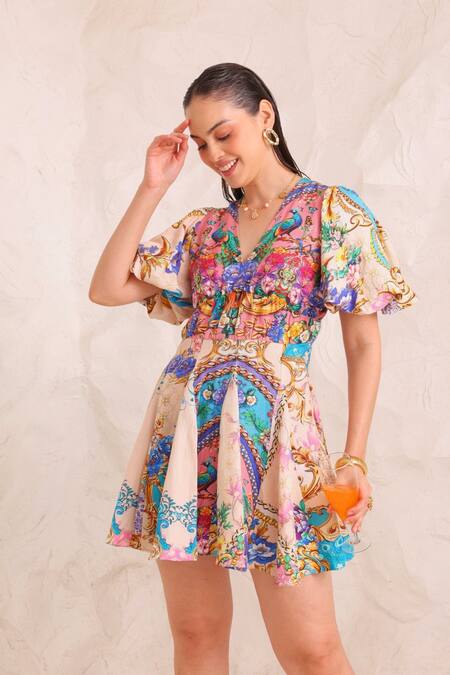 Zariaah Pink Viscose, Silk Crystals V-neck Peacock Paradise Mini Dress Online at Aza Fashions Zariaah_Pink Viscose, Silk Crystals V-neck Peacock Paradise Mini Dress _Online_at_Aza_Fashions