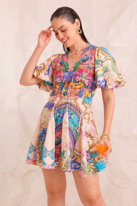 Shop Zariaah Pink Viscose, Silk Crystals V-neck Peacock Paradise Mini Dress Online at Aza Fashions Shop_Zariaah_Pink Viscose, Silk Crystals V-neck Peacock Paradise Mini Dress _Online_at_Aza_Fashions