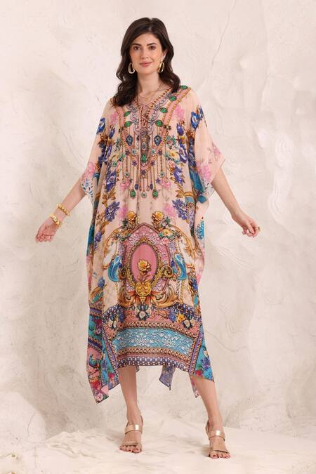 Zariaah Pink Viscose, Silk Crystals Open Neck Peacock Paradise Kaftan Online at Aza Fashions Zariaah_Pink Viscose, Silk Crystals Open Neck Peacock Paradise Kaftan _Online_at_Aza_Fashions