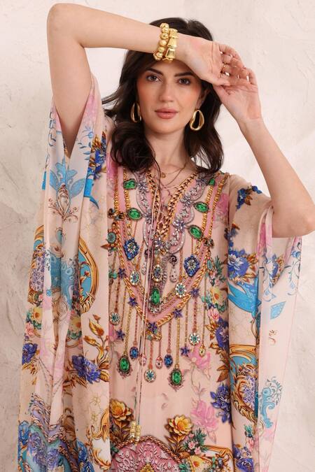 Buy Zariaah Pink Viscose, Silk Crystals Open Neck Peacock Paradise Kaftan Online at Aza Fashions Buy_Zariaah_Pink Viscose, Silk Crystals Open Neck Peacock Paradise Kaftan _Online_at_Aza_Fashions