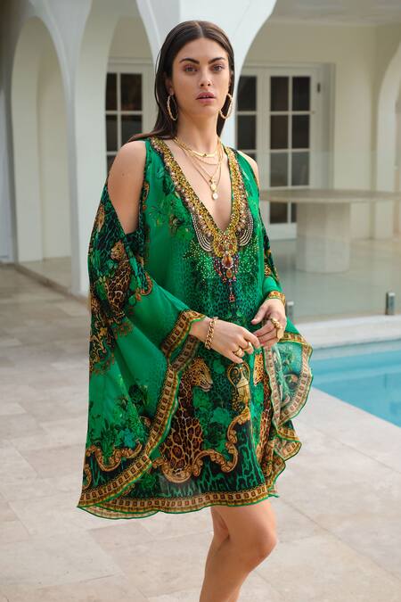 Zariaah Green Viscose, Silk Crystals V-neck Emerald Leopardess Kaftan Dress Online at Aza Fashions Zariaah_Green Viscose, Silk Crystals V-neck Emerald Leopardess Kaftan Dress _Online_at_Aza_Fashions