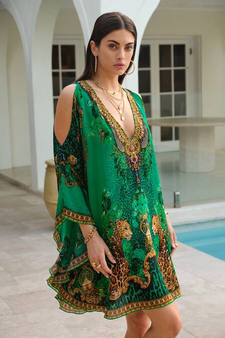 Buy Zariaah Green Viscose, Silk Crystals V-neck Emerald Leopardess Kaftan Dress Online at Aza Fashions Buy_Zariaah_Green Viscose, Silk Crystals V-neck Emerald Leopardess Kaftan Dress _Online_at_Aza_Fashions