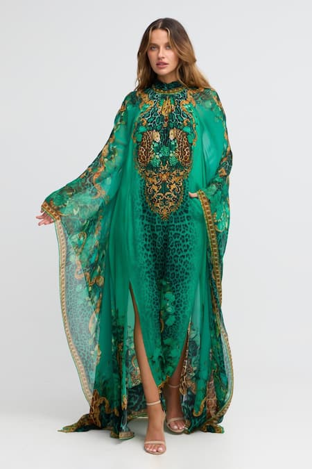 Zariaah Emerald Leopardess High-neck Maxi Kaftan 