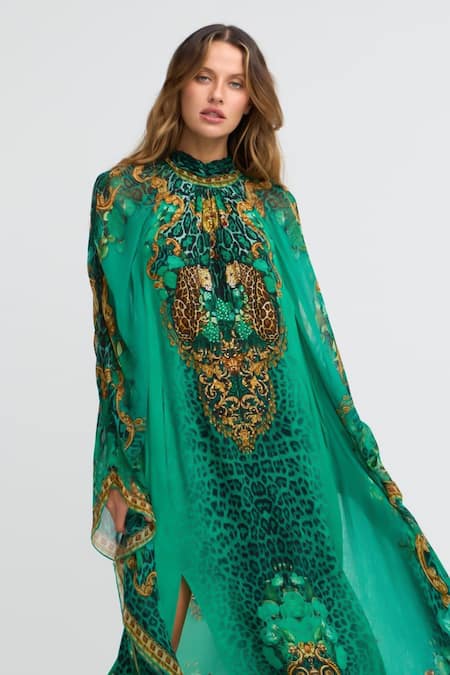 Zariaah_Green Viscose, Silk, Chiffon Crystals Emerald Leopardess High-neck Maxi Kaftan _Online_at_Aza_Fashions