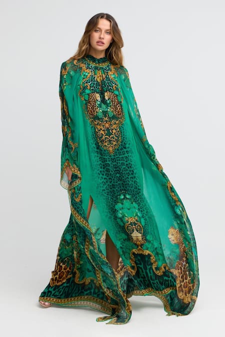Shop_Zariaah_Green Viscose, Silk, Chiffon Crystals Emerald Leopardess High-neck Maxi Kaftan _Online_at_Aza_Fashions
