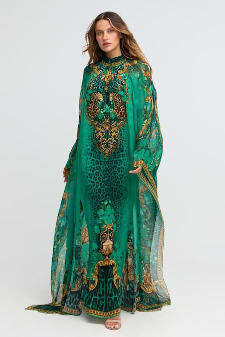 Zariaah_Green Viscose, Silk, Chiffon Crystals Emerald Leopardess High-neck Maxi Kaftan _at_Aza_Fashions