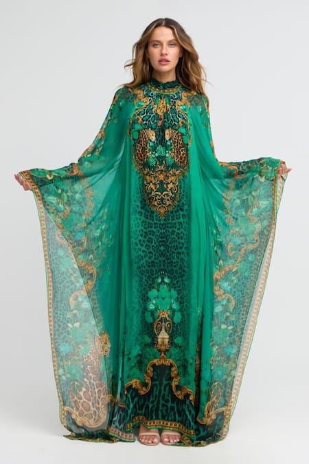 Buy_Zariaah_Green Viscose, Silk, Chiffon Crystals Emerald Leopardess High-neck Maxi Kaftan 