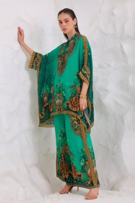 Zariaah_Green Viscose, Silk Crystals Button-down Wild Leopard Print Kaftan And Trouser Set _Online_at_Aza_Fashions
